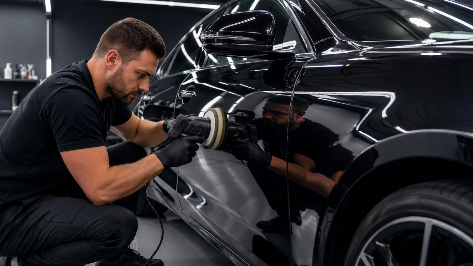 Voorbeeldsite auto detailing — gepolijste zwarte auto
